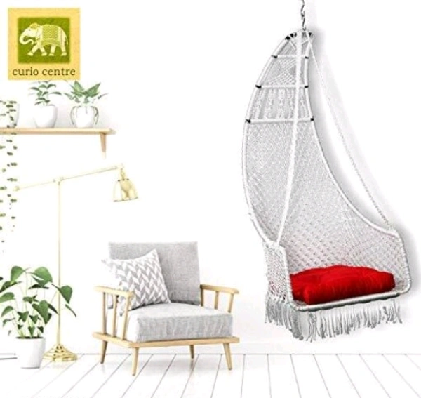  CURIO CENTER Make in India Leisure Half Moon Shape Nylon Swing with Cushion/Hammock Swing Chair-Iron Frame, Swing for Indoor/Outdoor/Nylon Rope Swing/Free Hanging Accessories(36 x 27 x 53 In, White - Free Size, White,  Nylon  Rope With Iron  Frame,  Pack of1, Half Moon Shape